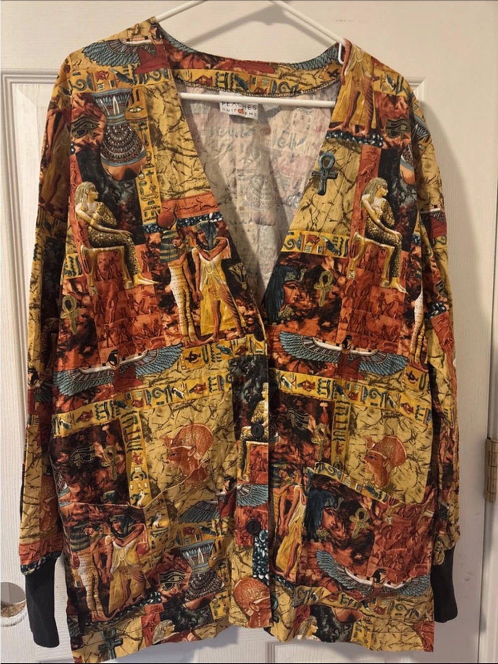Peaches Uniforms Egyptian-Print Button-Front Blazer in Mustard, Rust & Black